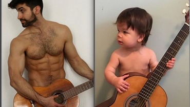 La un an şi jumătate imită posturile sexy din fotografiile unchiului său. Imaginile haioase care cuceresc internetul