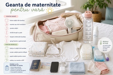 Geanta de maternitate vara: ce pui pentru mamă și bebeluș pe caniculă