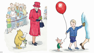Regina Elisabeta a II-a și Prințul George alături de Winnie the Pooh, într-un volum de benzi desenate